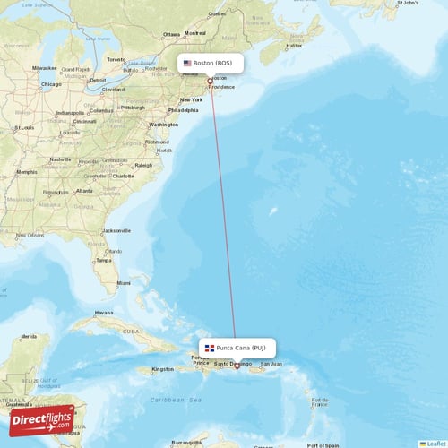 Boston - Punta Cana direct flight map