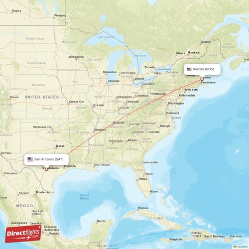 Boston - San Antonio direct flight map