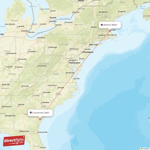 Boston - Savannah direct flight map