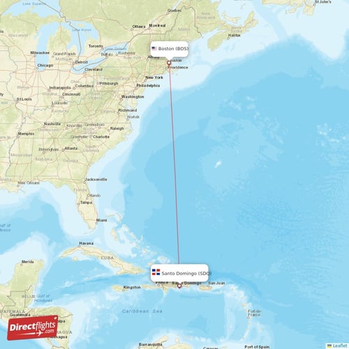 Boston - Santo Domingo direct flight map