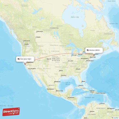 Boston - San Jose direct flight map