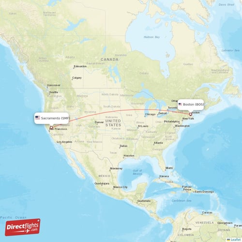 Boston - Sacramento direct flight map