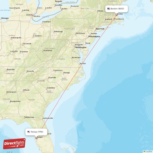 Boston - Tampa direct flight map