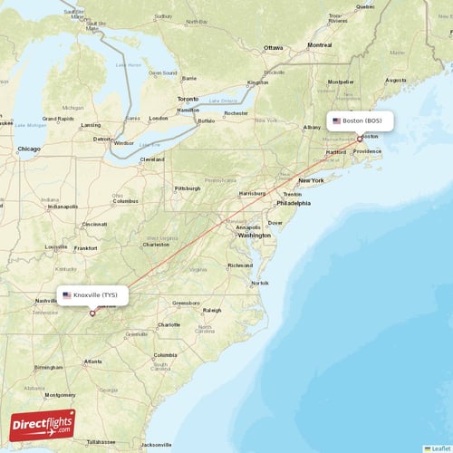 Boston - Knoxville direct flight map