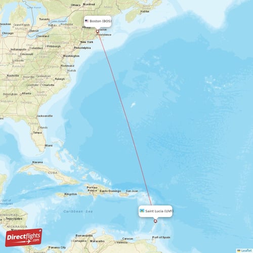 Boston - Saint Lucia direct flight map