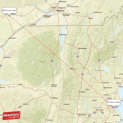 Boston - Ottawa direct flight map