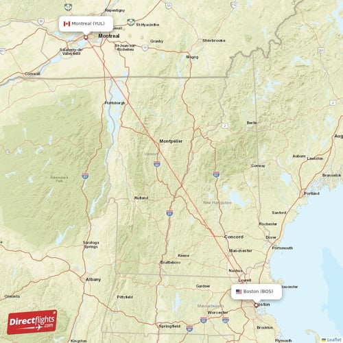 Boston - Montreal direct flight map