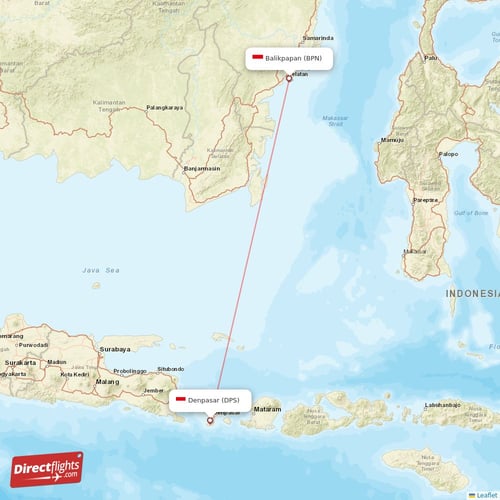 Balikpapan - Denpasar direct flight map