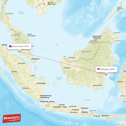 Balikpapan - Kuala Lumpur direct flight map