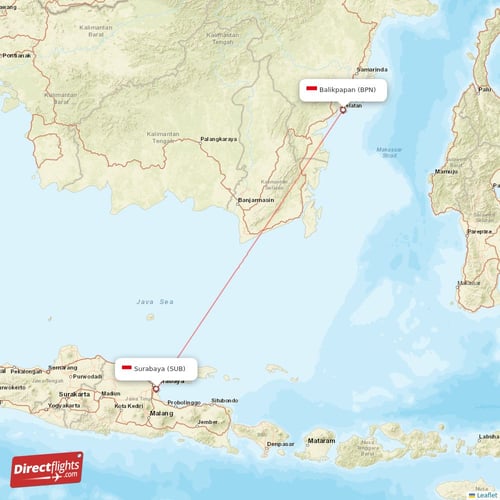 Balikpapan - Surabaya direct flight map