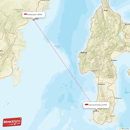 Balikpapan - Ujung Pandang direct flight map