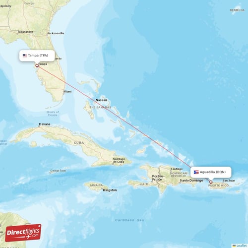 Aguadilla - Tampa direct flight map