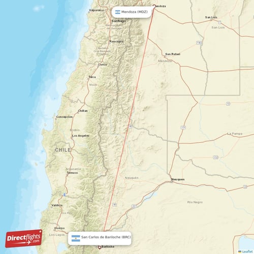 San Carlos de Bariloche - Mendoza direct flight map