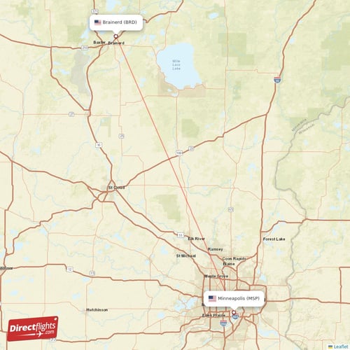 Brainerd - Minneapolis direct flight map