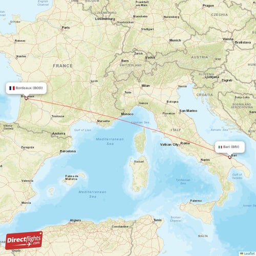 Bari - Bordeaux direct flight map