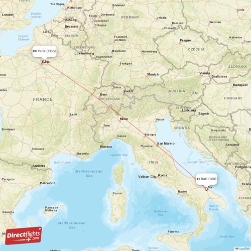 Bari - Paris direct flight map