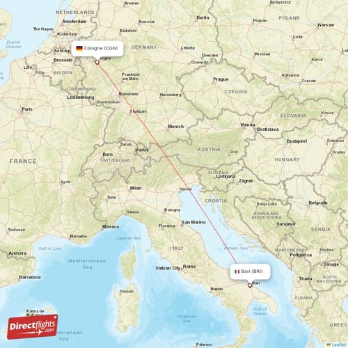 Bari - Cologne direct flight map