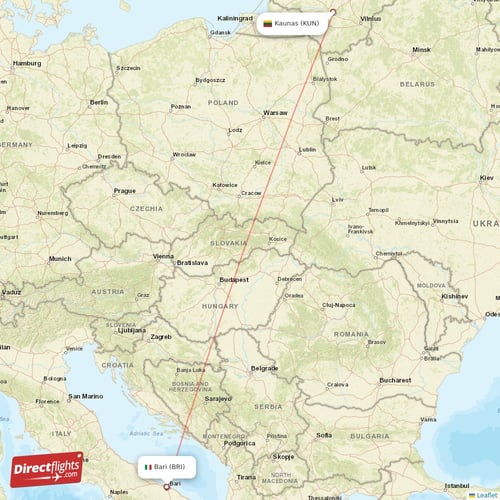 Bari - Kaunas direct flight map