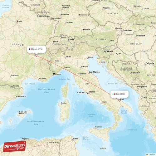 Bari - Lyon direct flight map
