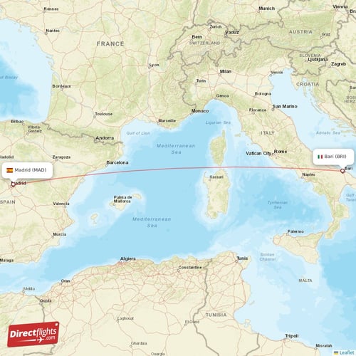 Bari - Madrid direct flight map