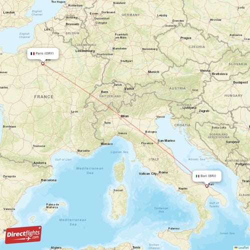 Bari - Paris direct flight map