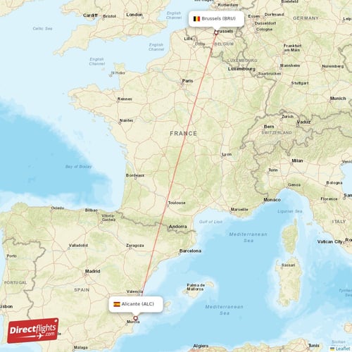 Brussels - Alicante direct flight map