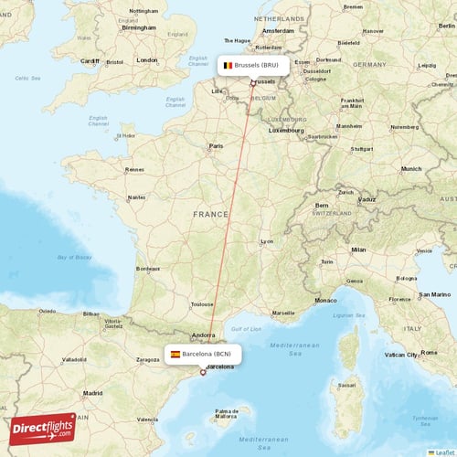 Brussels - Barcelona direct flight map