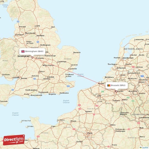 Brussels - Birmingham direct flight map