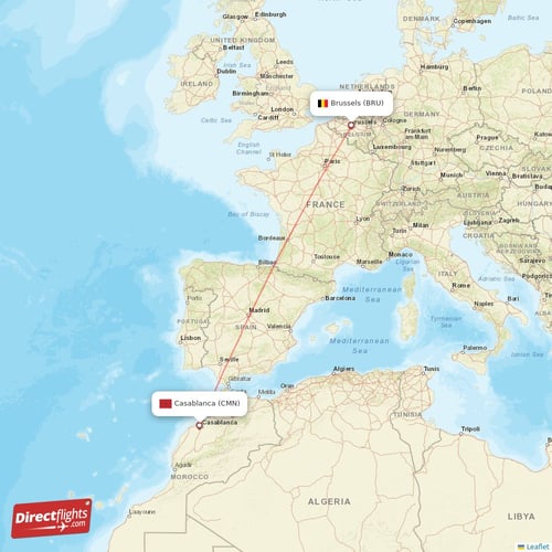 Brussels - Casablanca direct flight map