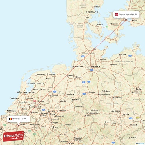 Brussels - Copenhagen direct flight map