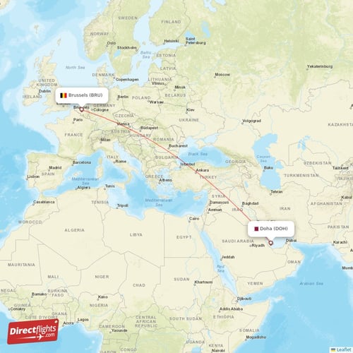 Brussels - Doha direct flight map