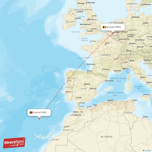 Brussels - Funchal direct flight map