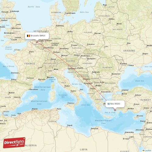 Brussels - Kos direct flight map