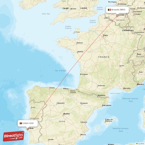 Brussels - Lisbon direct flight map