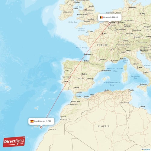 Brussels - Las Palmas direct flight map