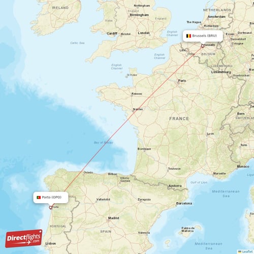 Brussels - Porto direct flight map
