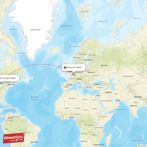 Brussels - Chicago direct flight map
