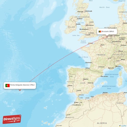 Brussels - Ponta Delgada (Azores) direct flight map