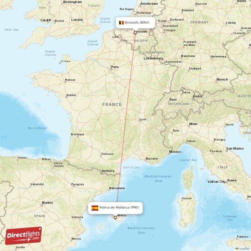 Brussels - Palma de Mallorca direct flight map