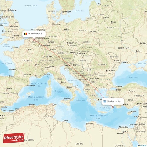 Brussels - Rhodes direct flight map