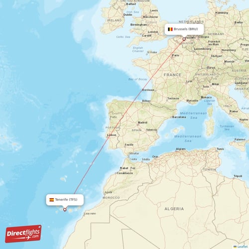 Brussels - Tenerife direct flight map