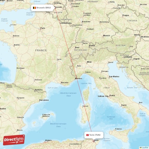 Brussels - Tunis direct flight map