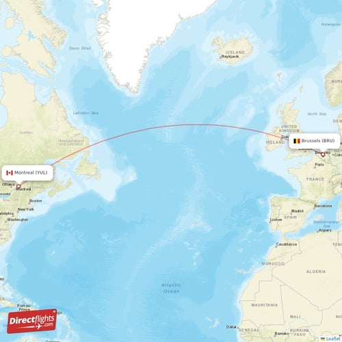 Brussels - Montreal direct flight map