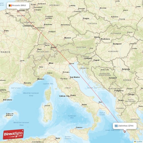 Brussels - Zakinthos direct flight map