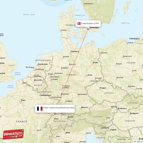 Basel, Switzerland/Mulhouse - Copenhagen direct flight map