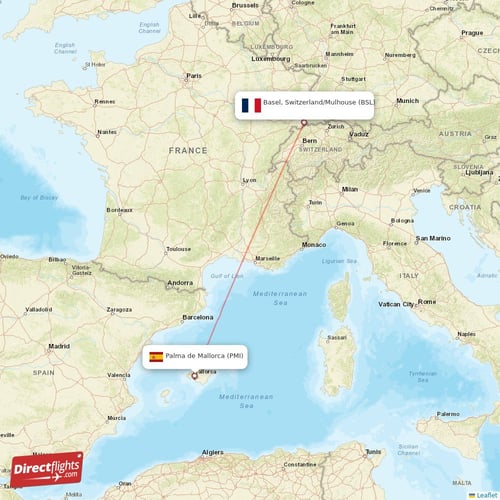 Basel, Switzerland/Mulhouse - Palma de Mallorca direct flight map