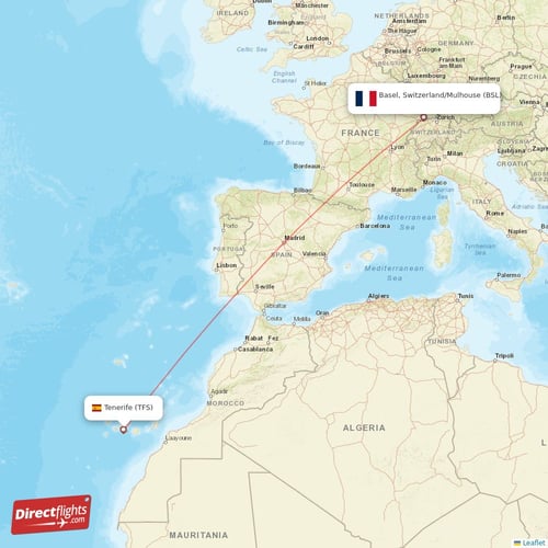 Basel, Switzerland/Mulhouse - Tenerife direct flight map