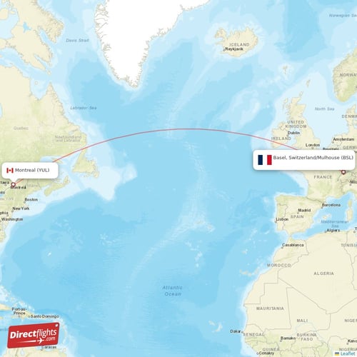 Basel, Switzerland/Mulhouse - Montreal direct flight map