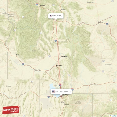 Butte - Salt Lake City direct flight map