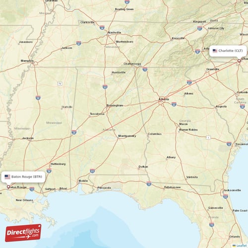 Baton Rouge - Charlotte direct flight map